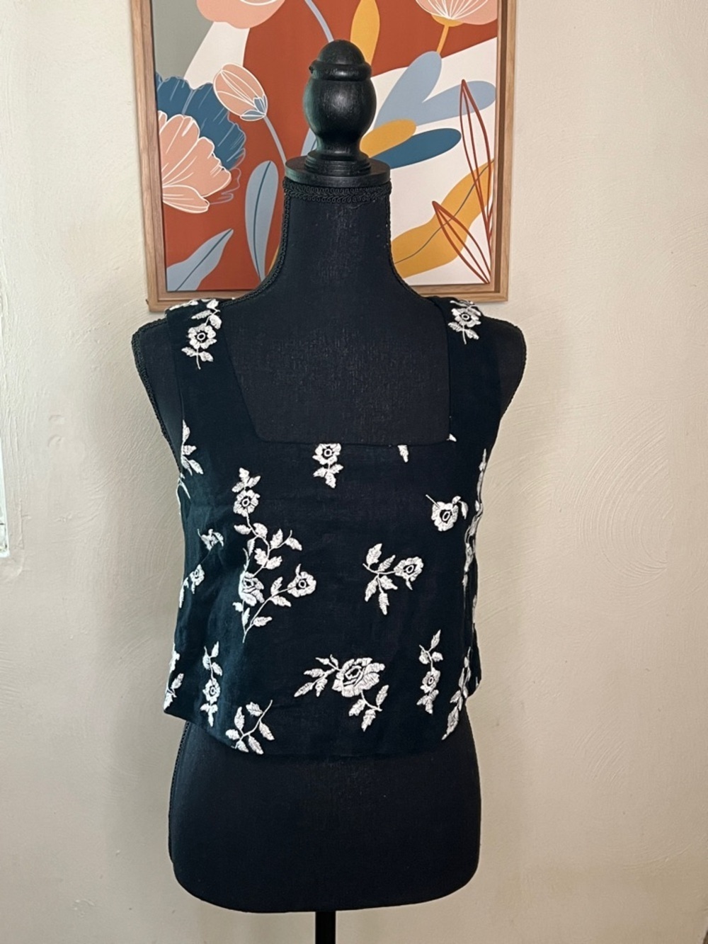 Abercrombie & Fitch Floral Embroidered Square-Neck Tank Top Linen Size XS